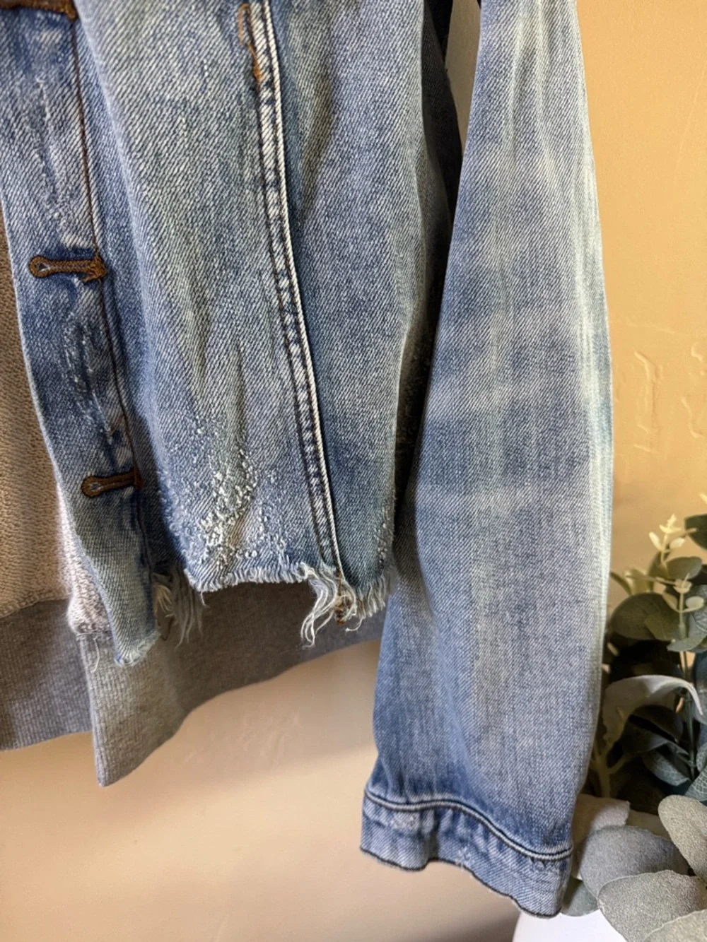 Free People Light Blue Distressed Denim Jacket with Heather Gray Hoodie - Picture 4 of 14